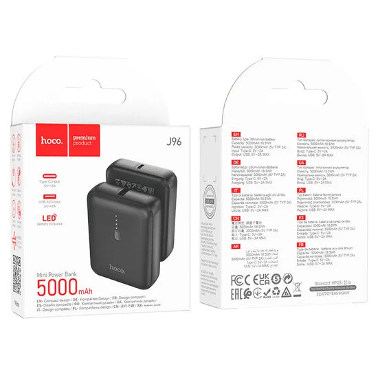 Hoco J96 Strider- Powerbank 5000 mAh- Black, Type-C 5V / 2A input, USB 5V / 2A output, with LED indicator. Hoco J96 Strider- Powerbank 5000 mAh- Black, Type-C 5V / 2A input, USB 5V / 2A output, with LED indicator.