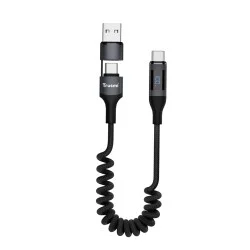 Trusmi 100W USB-A To USB C To USB C Car Spring Charging Cable with Digital Display 1.5M Black 